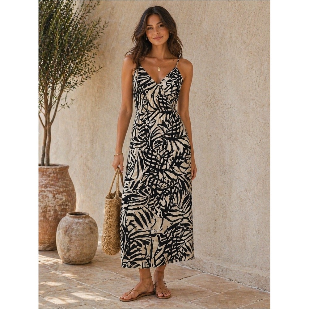 Patrons of Peace Womens Black Cream Tropical Leaf Smocked Midi Dress Summer S